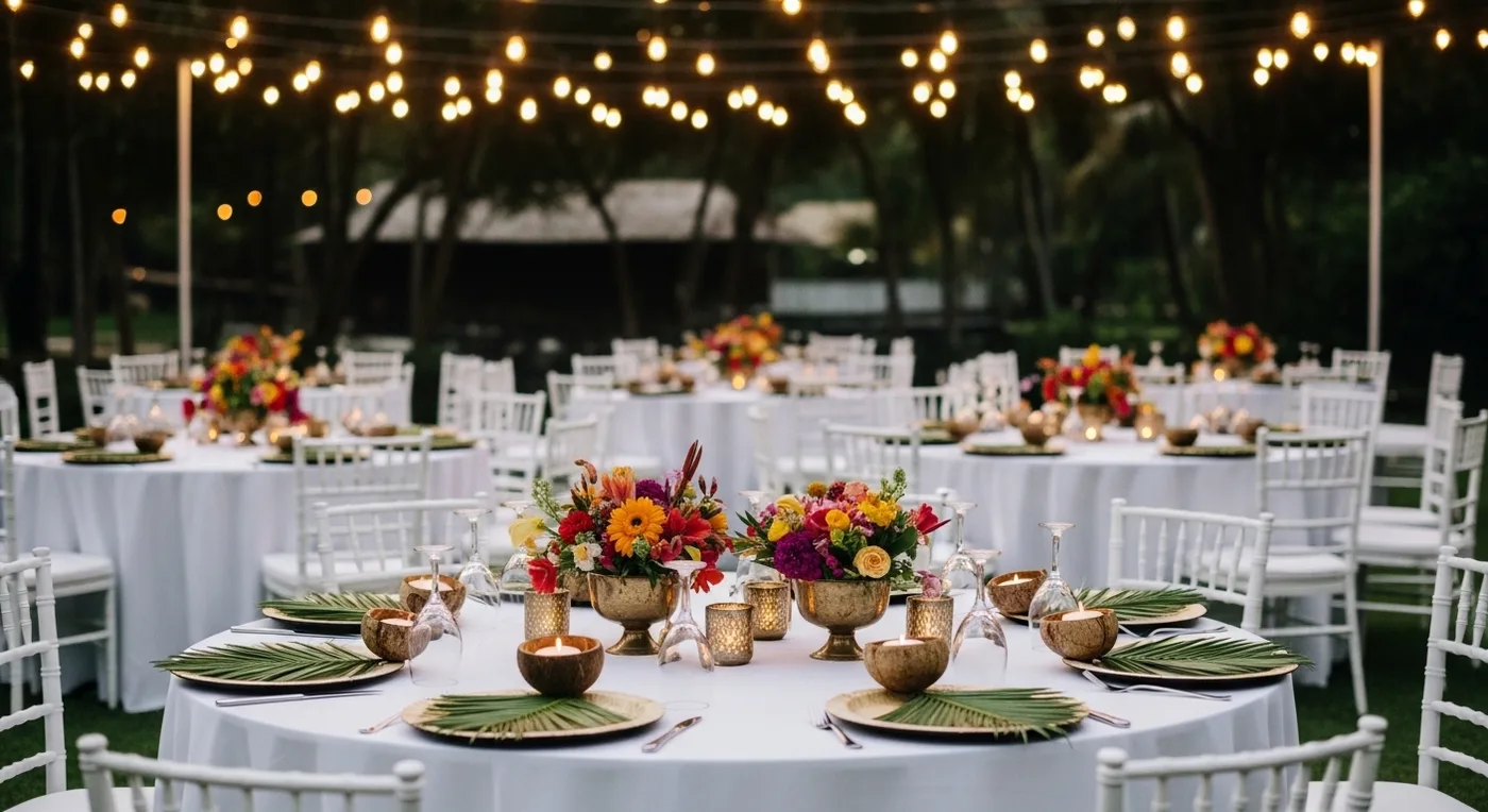 Overhead view of beautifully decorated wedding table with vibrant floral centrepiece