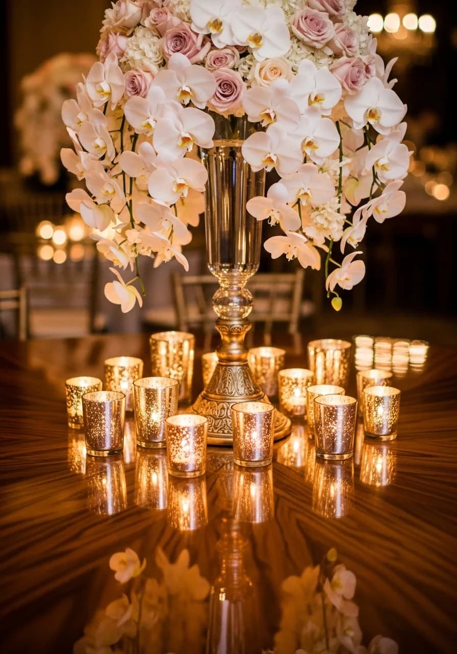 Evening outdoor dining with guests at beautifully set tables under string lights