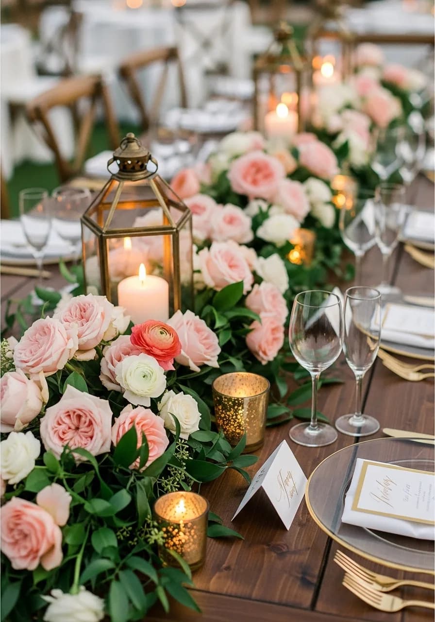 Overhead view of traditional Indian feast with multiple dishes on a set table