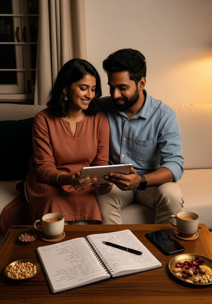 Indian couple reviewing shortlisted wedding vendors together on a tablet at home on a weeknight evening