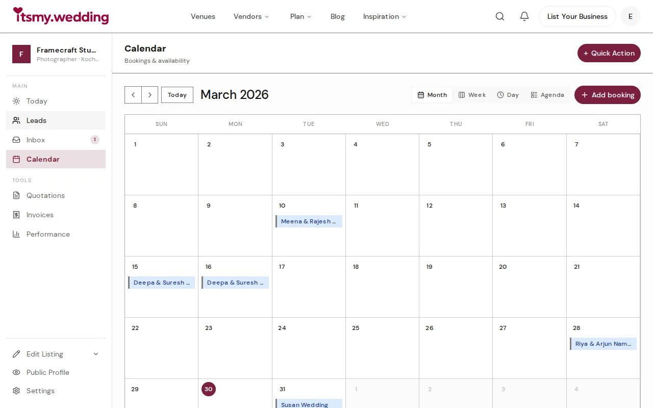 Month view calendar with confirmed and pending wedding bookings