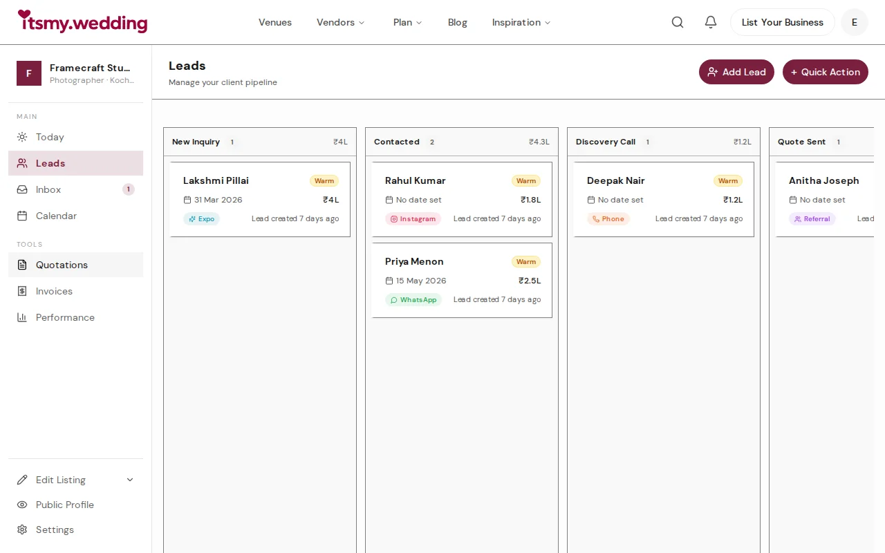 Kanban pipeline view showing wedding leads organized by stage