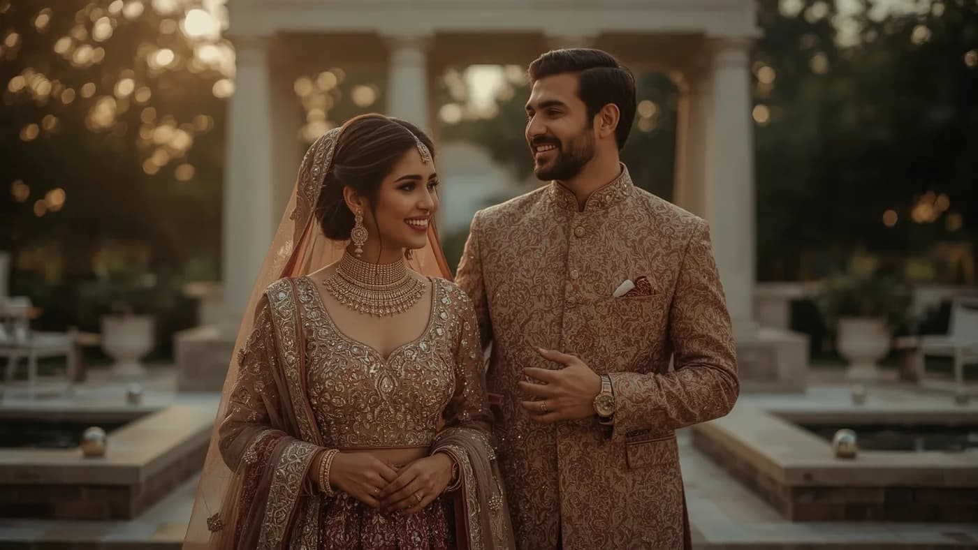 North Indian wedding celebration with couple in traditional attire
