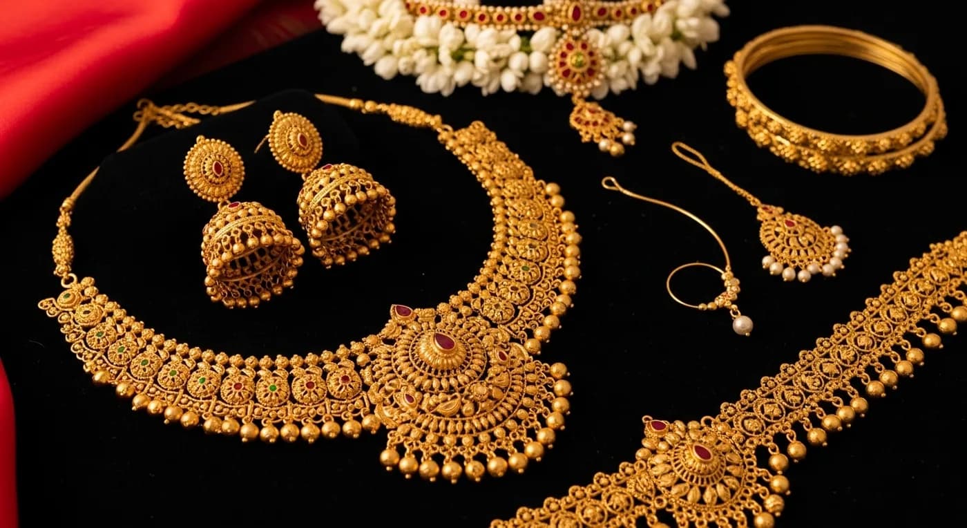Traditional South Indian bridal gold jewellery set displayed for a Bangalore wedding