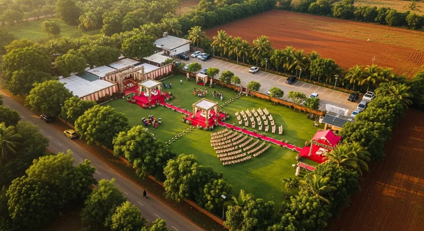 Drone capturing aerial footage at a Bangalore outdoor wedding venue