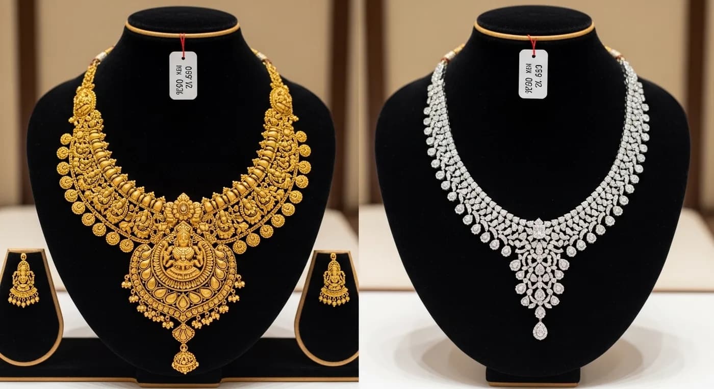 Comparison of gold, diamond, and temple bridal jewellery sets for Bangalore weddings