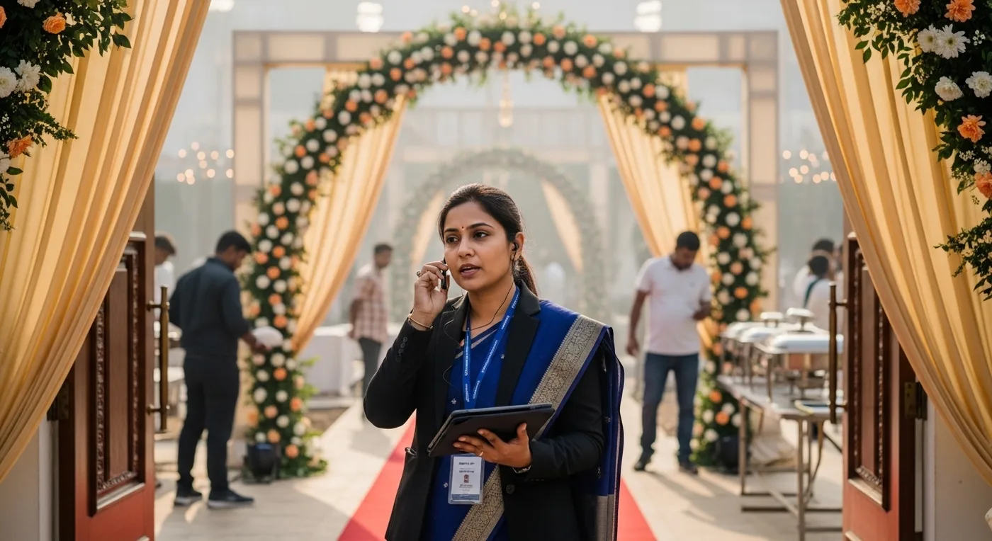 Wedding planner coordinating with vendors at a decorated Bangalore wedding venue