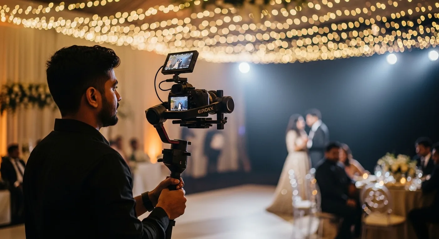 Professional videographer capturing cinematic wedding footage at a Bangalore venue