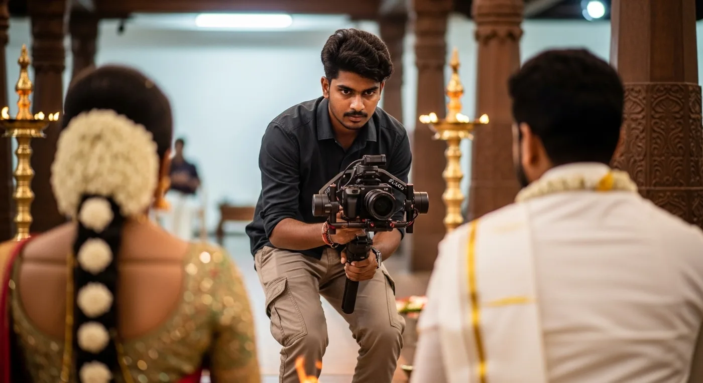 Cinematic videographer with gimbal stabiliser at a Chennai wedding ceremony