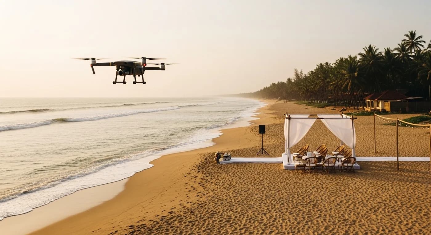 Drone capturing aerial footage of a Chennai ECR beach wedding venue