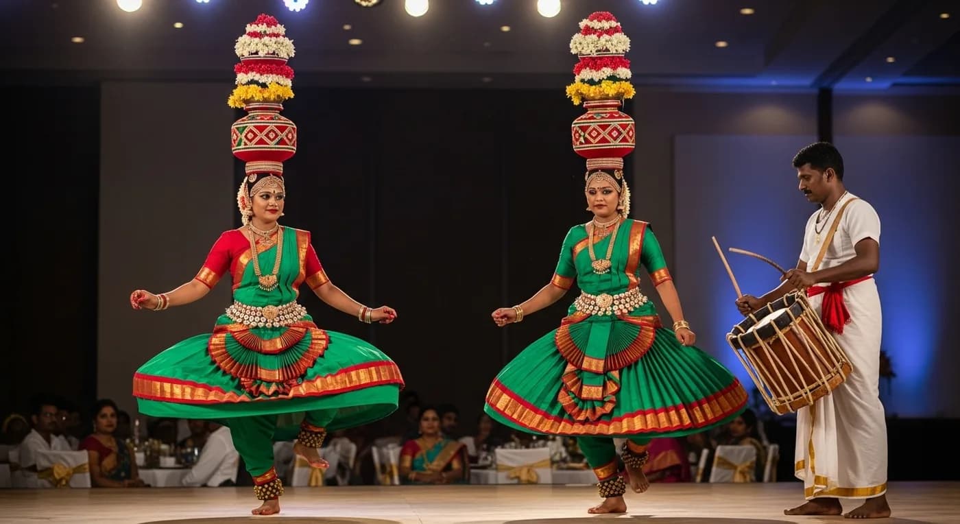 Karagattam folk dance performers at a traditional Tamil wedding celebration