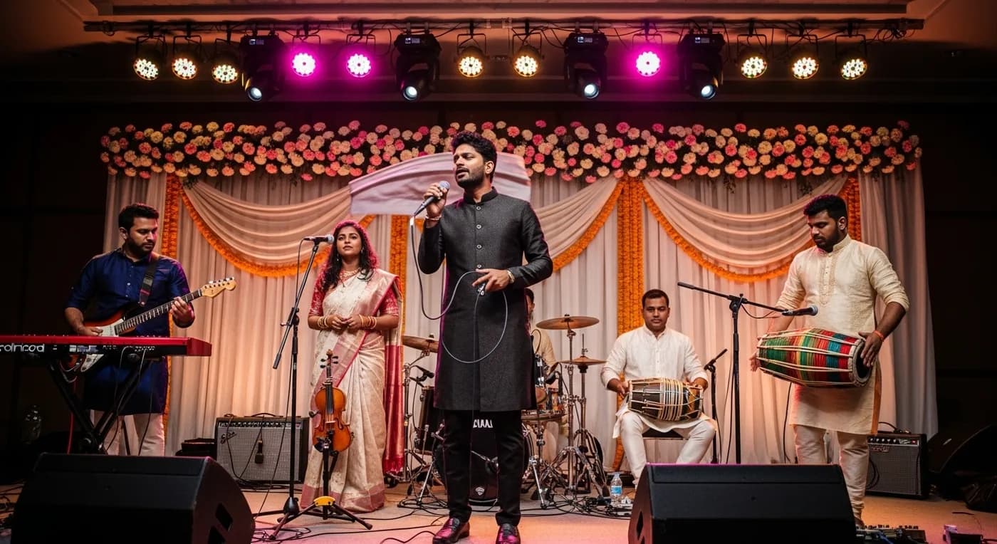 Live band performing Tamil film hits at a Chennai wedding reception