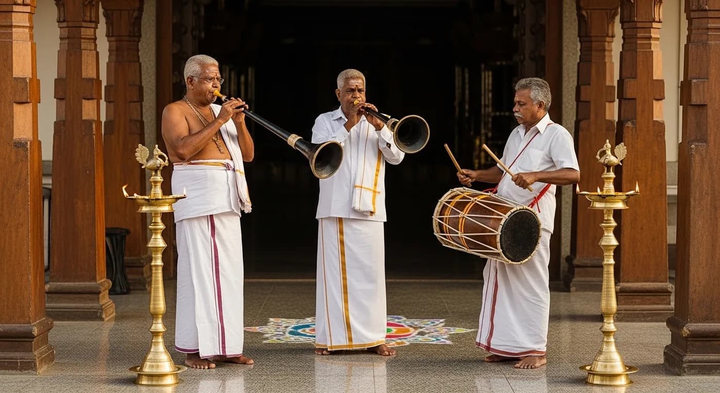 Nadaswaram and thavil players performing mangala vadhyam at a Chennai kalyana mandapam