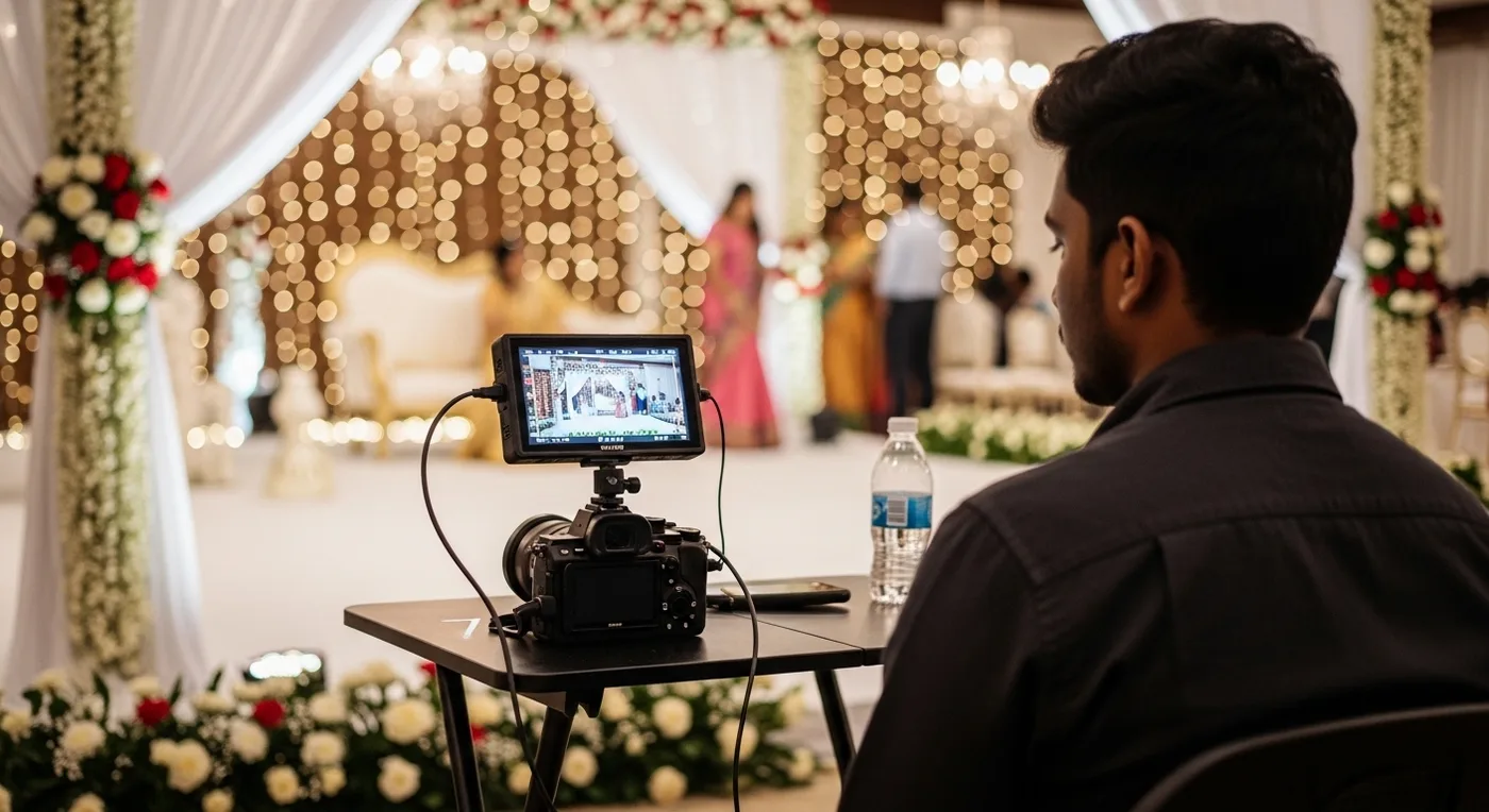 Videographer reviewing footage on a monitor at a Chennai wedding reception