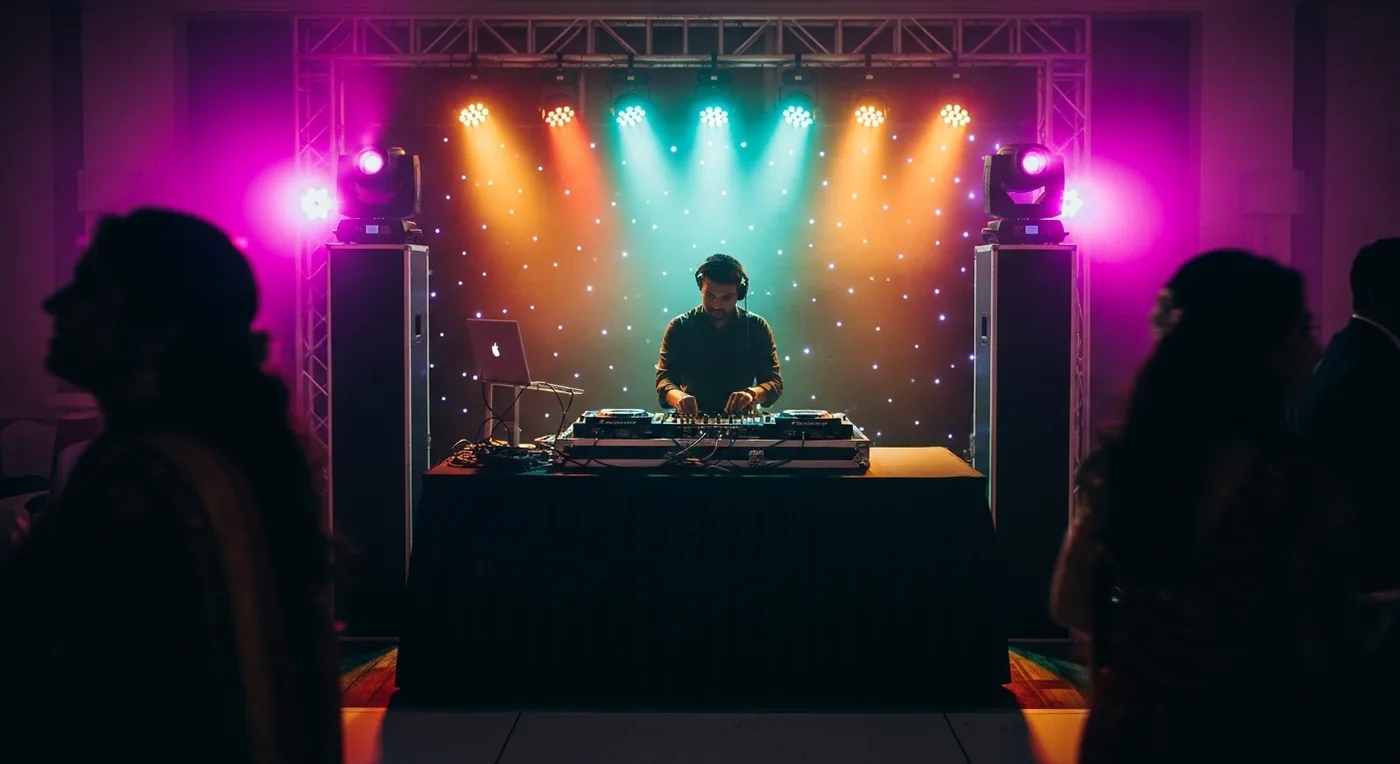 Professional DJ setup with LED lighting at a Chennai wedding reception