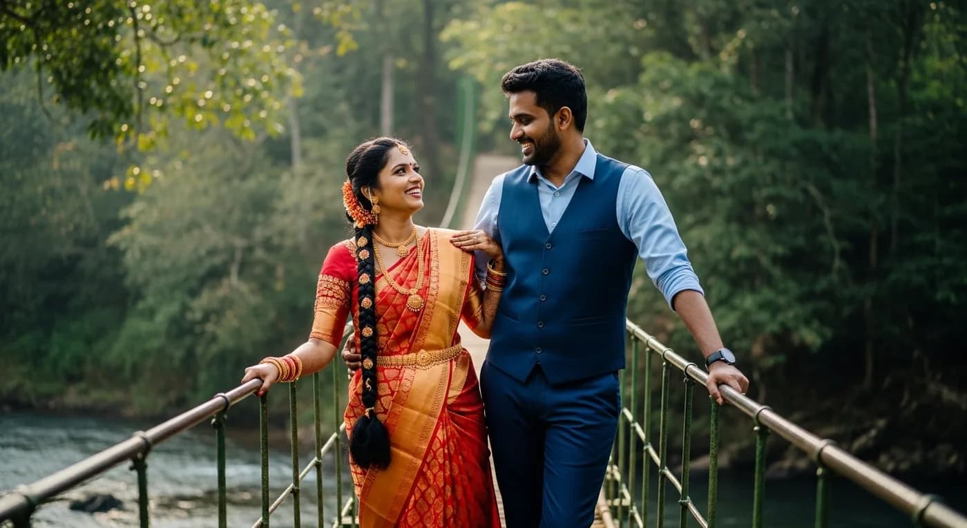 Pre-wedding photoshoot at Nisargadhama Island bamboo bridge with couple in traditional attire