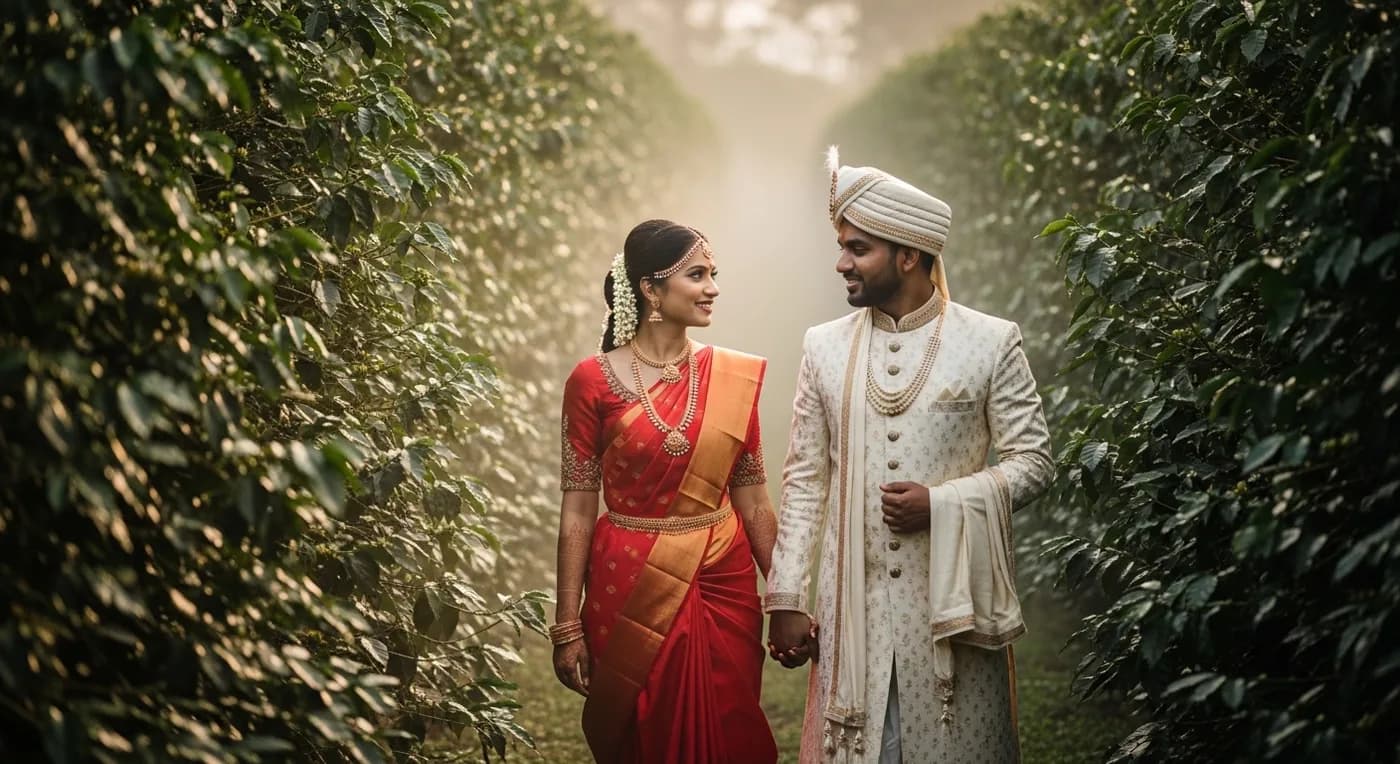 Couple in traditional attire posing for pre-wedding photoshoot amid Coorg coffee plantation with misty hills behind