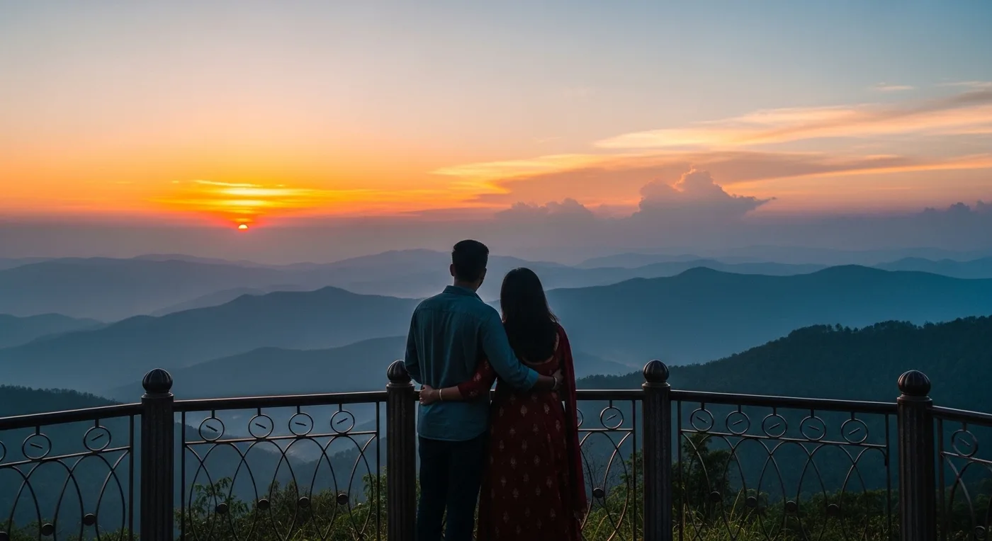 Pre-wedding couple portrait at Raja Seat viewpoint during golden hour sunset in Coorg