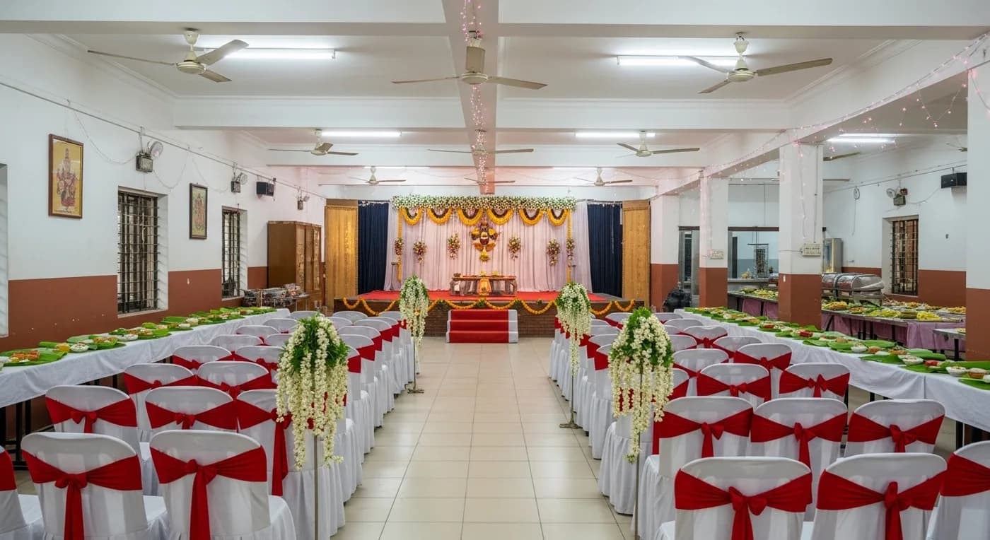 Budget-friendly auditorium in Kochi decorated for a traditional Kerala wedding ceremony