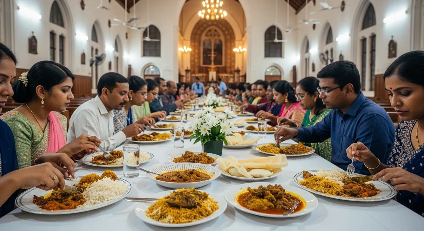 Christian wedding feast with biriyani and seafood spread at a Kochi reception