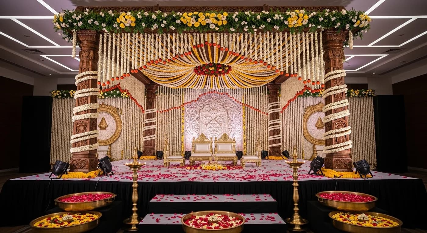 Decorated mandapam with flowers at a Kochi convention centre
