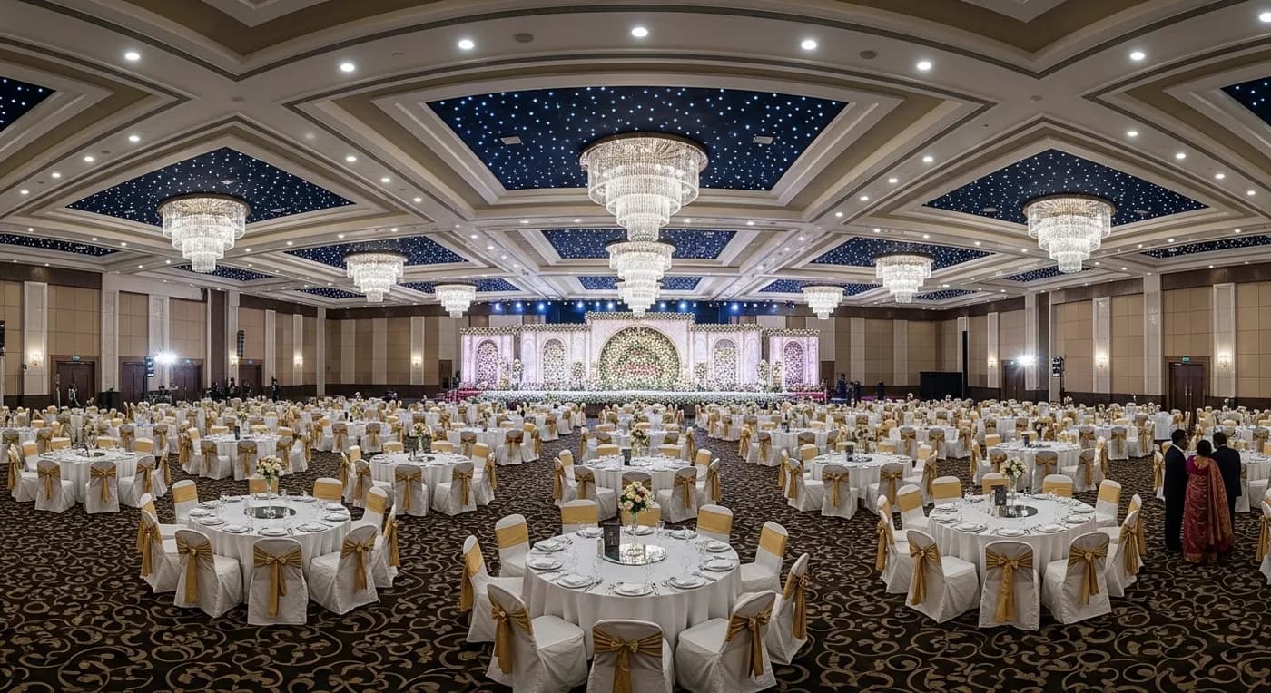 Grand convention centre in Kochi decorated for a wedding reception with elegant lighting and floral arrangements