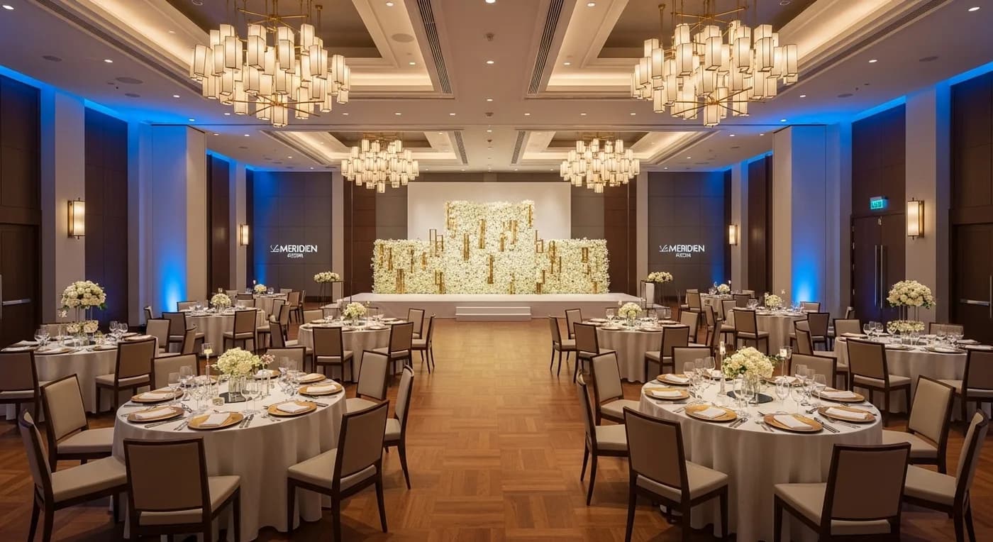 Le Meridien Kochi ballroom set up for a wedding reception with crystal chandeliers and floral centrepieces