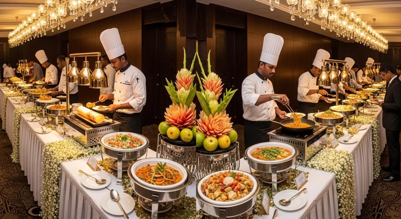 Sadya preparation in a professional Kochi wedding catering kitchen