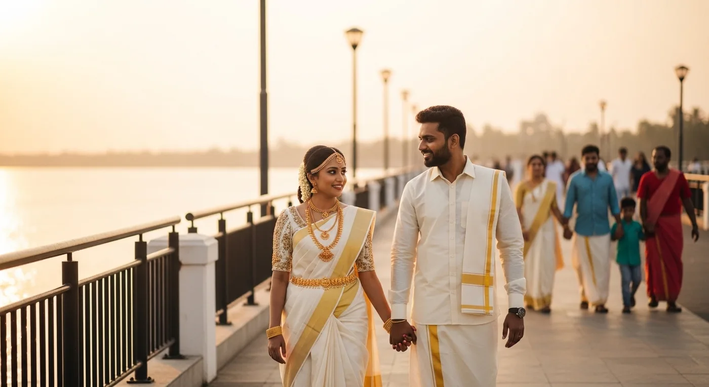 Wedding photography session at Marine Drive Kochi with backwater views