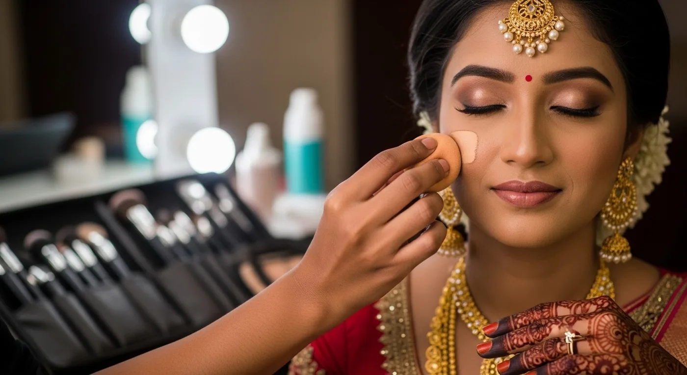Bridal makeup application showing the natural Nikah look approach