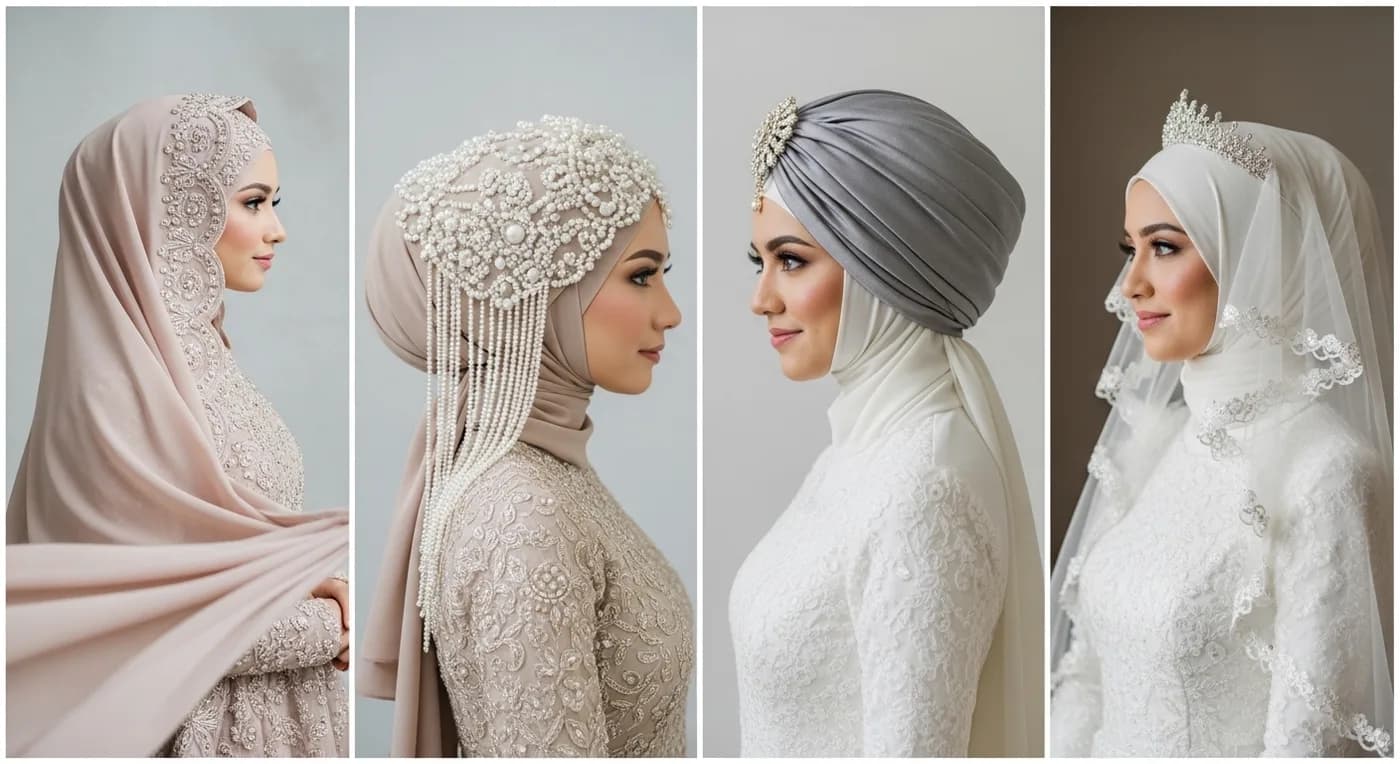 Four hijab bridal styling options — draped dupatta, embellished cap, turban wrap, and layered veil