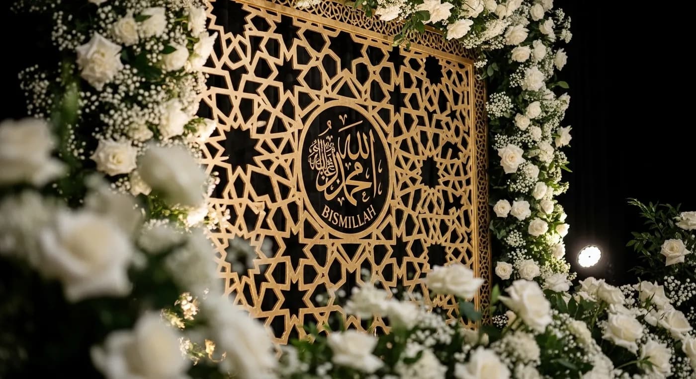 Islamic geometric patterns and calligraphy elements in Muslim wedding decoration