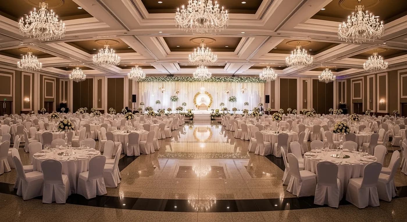 Convention centre in Kozhikode decorated for a Muslim wedding reception