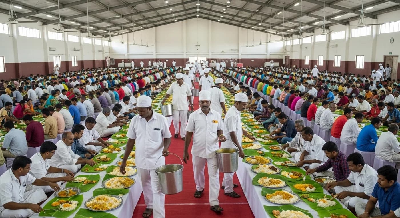 Large-scale wedding catering logistics with serving lines and batch management at a Kerala Muslim wedding