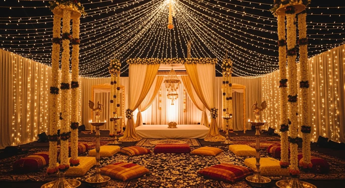 Mailanchi night decoration with jasmine garlands, fairy lights, and bride's peetham setup