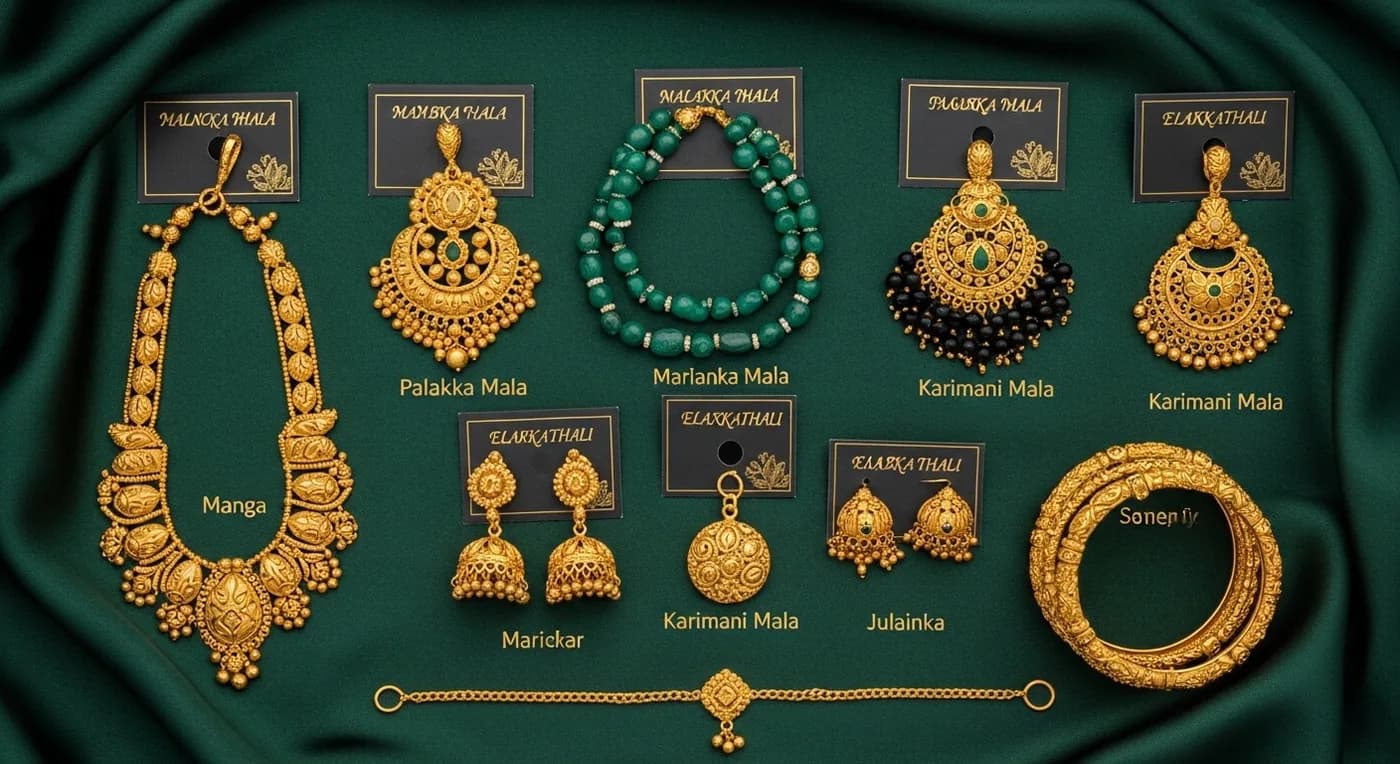 Detailed view of a traditional Malabar gold jewellery set with individual pieces displayed