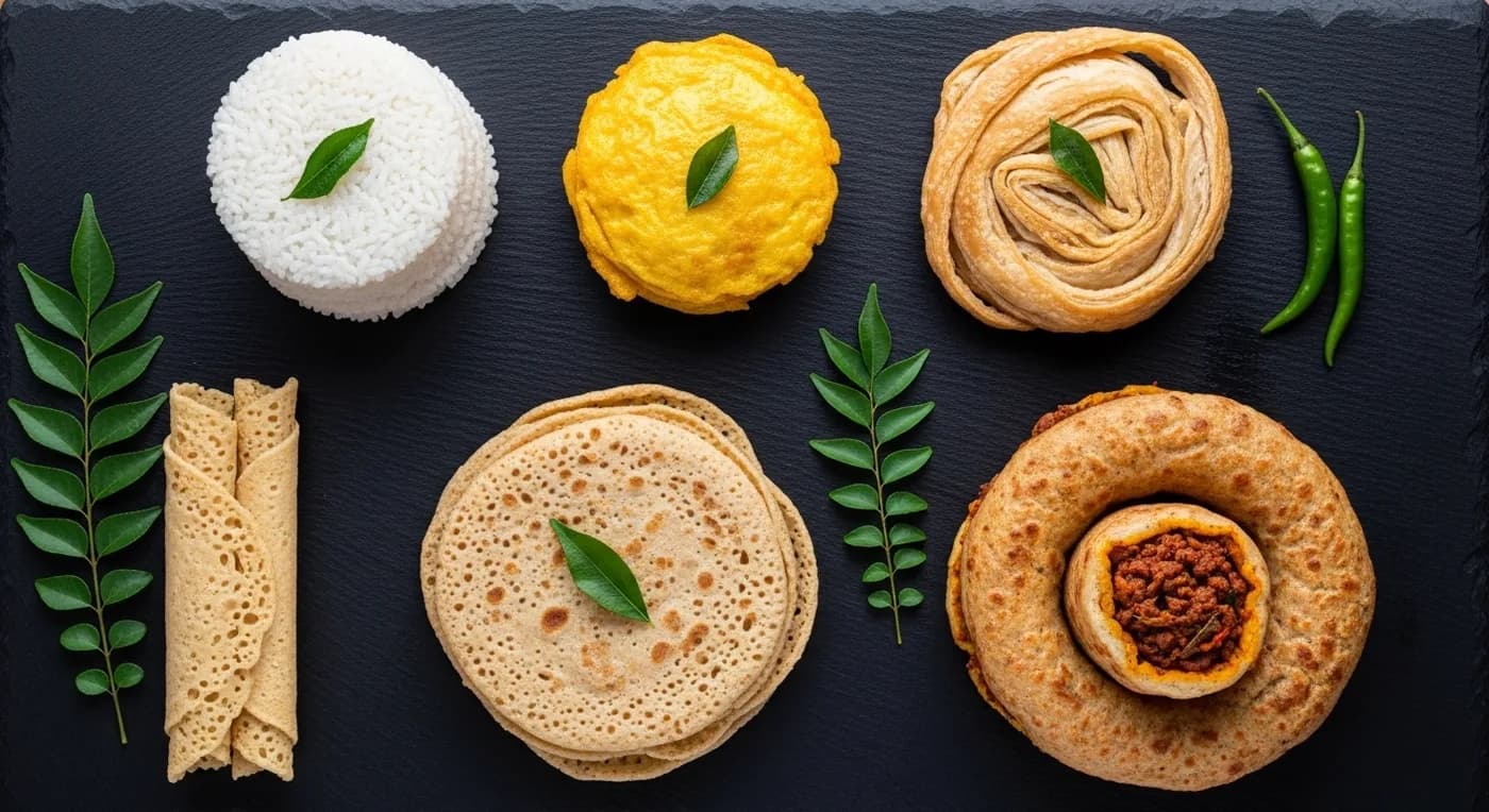 Varieties of pathiri and Malabar flatbreads arranged for a wedding feast