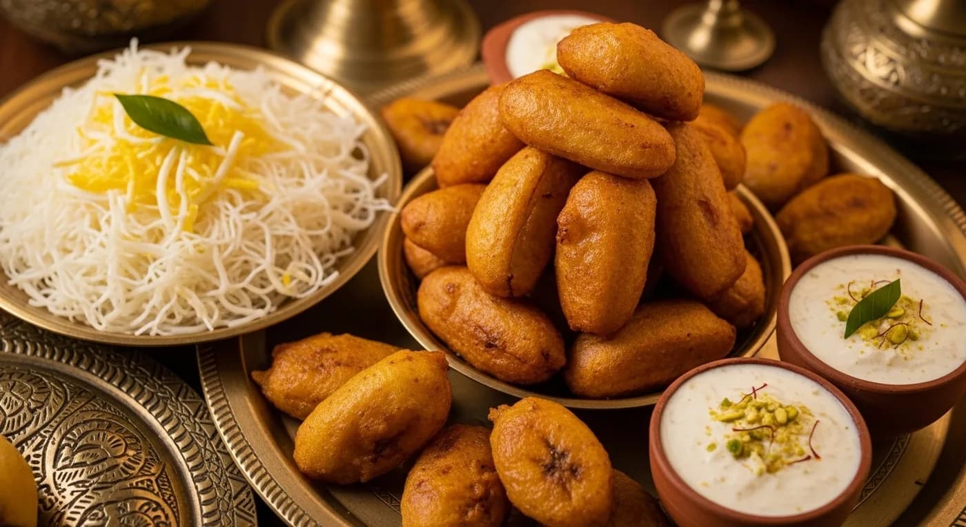 Malabar wedding desserts including Unnakkaya, Muttamala, and Firni arranged on serving platters