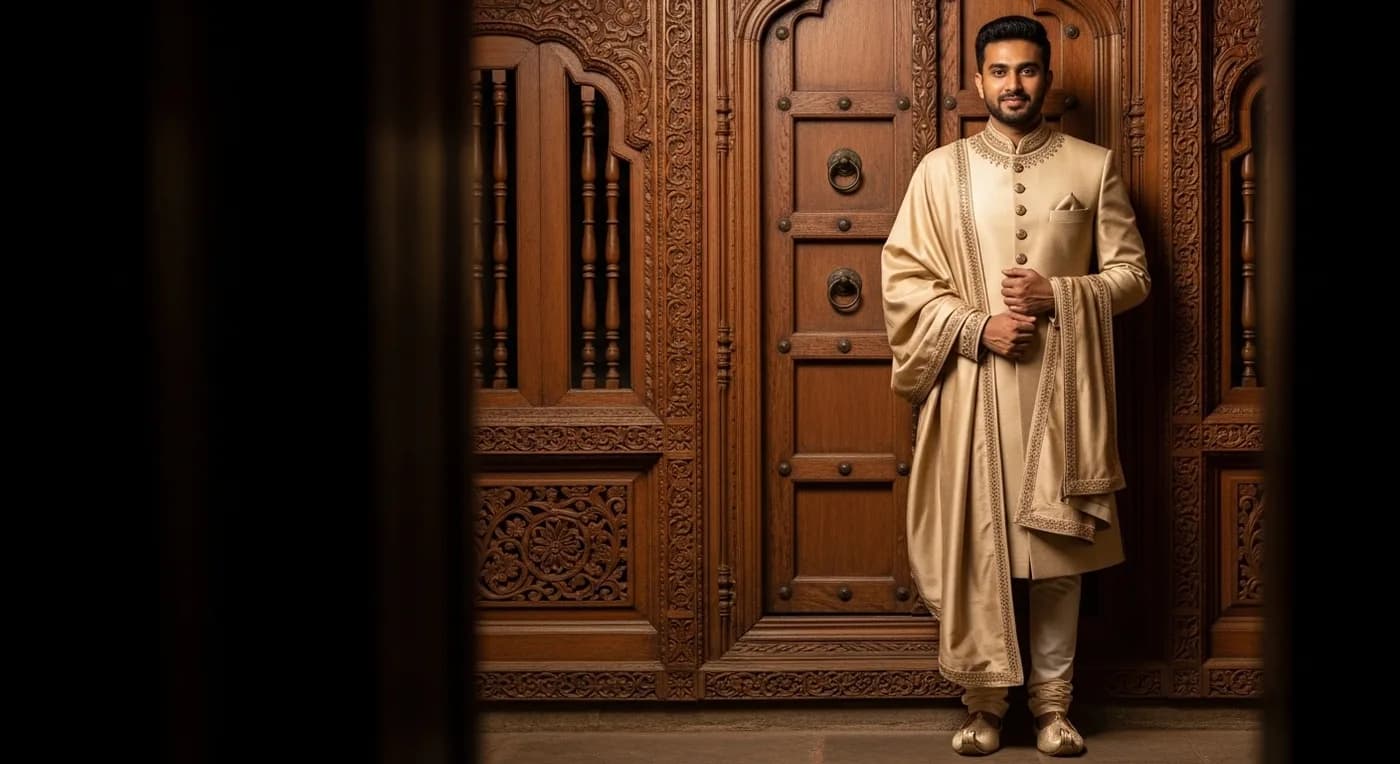 Kerala Muslim groom in embroidered sherwani with coordinating accessories