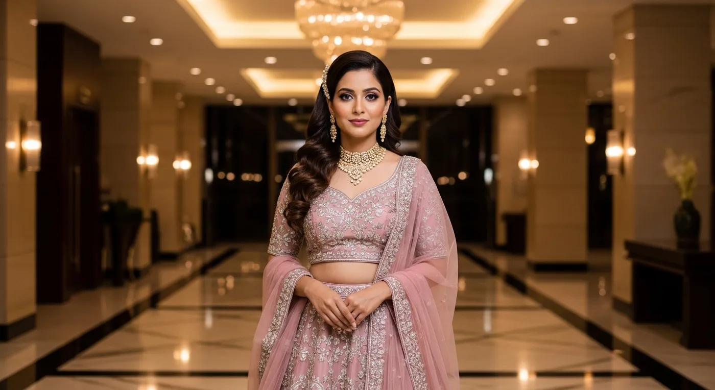 Contemporary Muslim bridal reception look with modern lehenga and styled jewellery