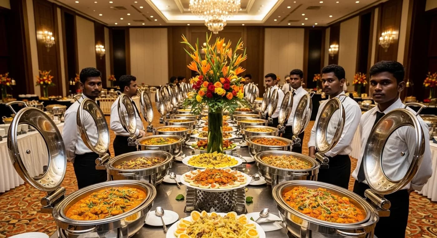 Professional buffet setup at a large-scale Muslim wedding reception in Kerala