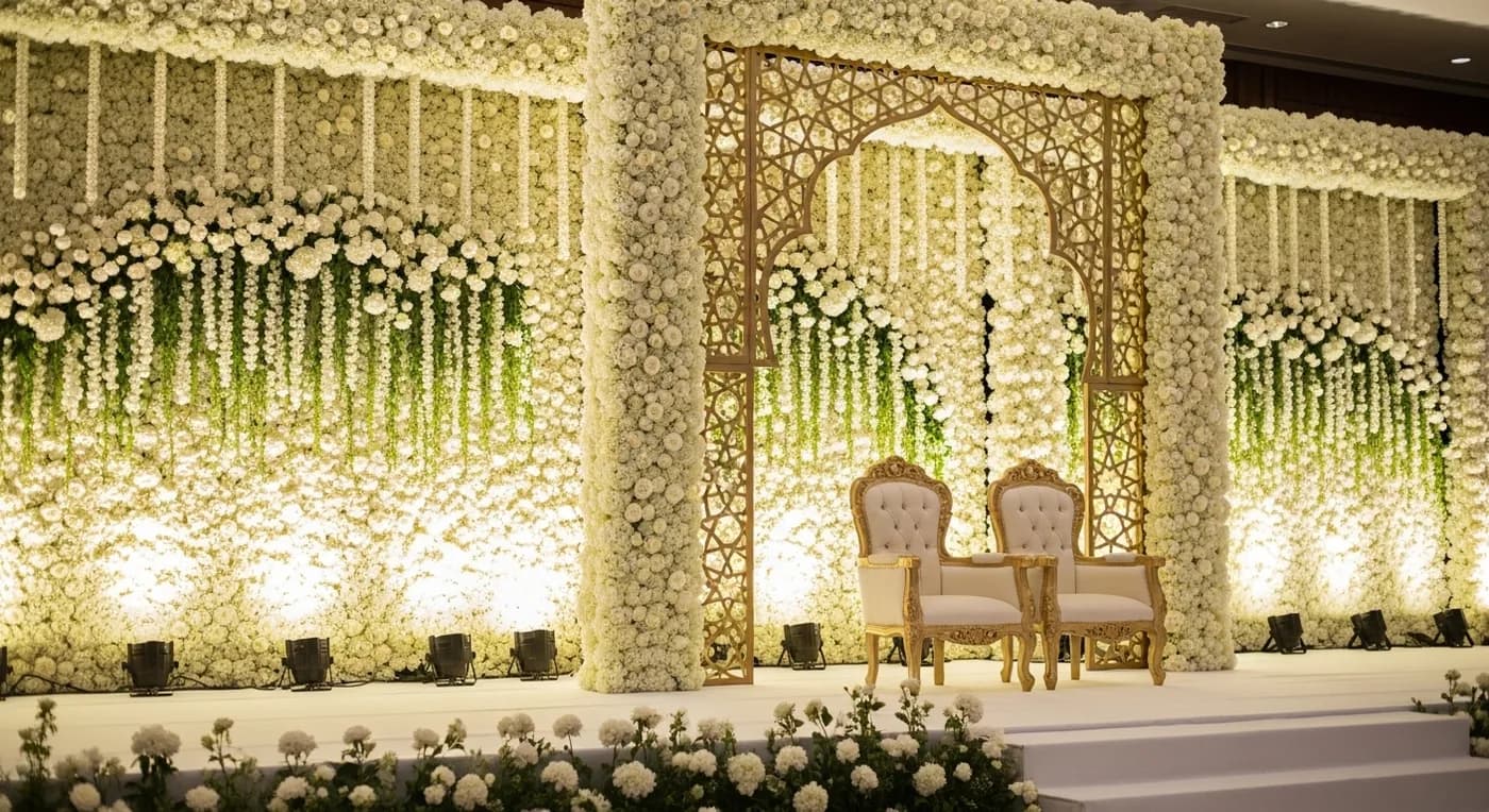Elegant Nikah stage decoration with Islamic geometric patterns, ivory and gold floral arrangements