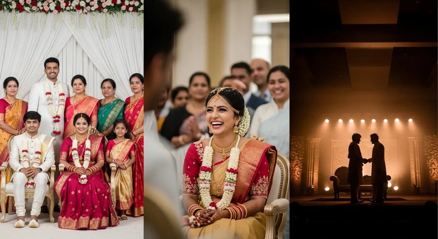 Comparison of photography styles at a Kerala Muslim wedding showing traditional, candid, and cinematic approaches
