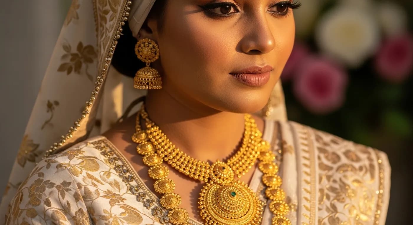 Traditional Nikah bridal attire in ivory silk with gold brocade work