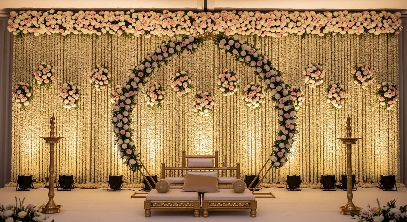 Nikah stage with lush floral wall and jasmine garlands in a Kerala convention centre