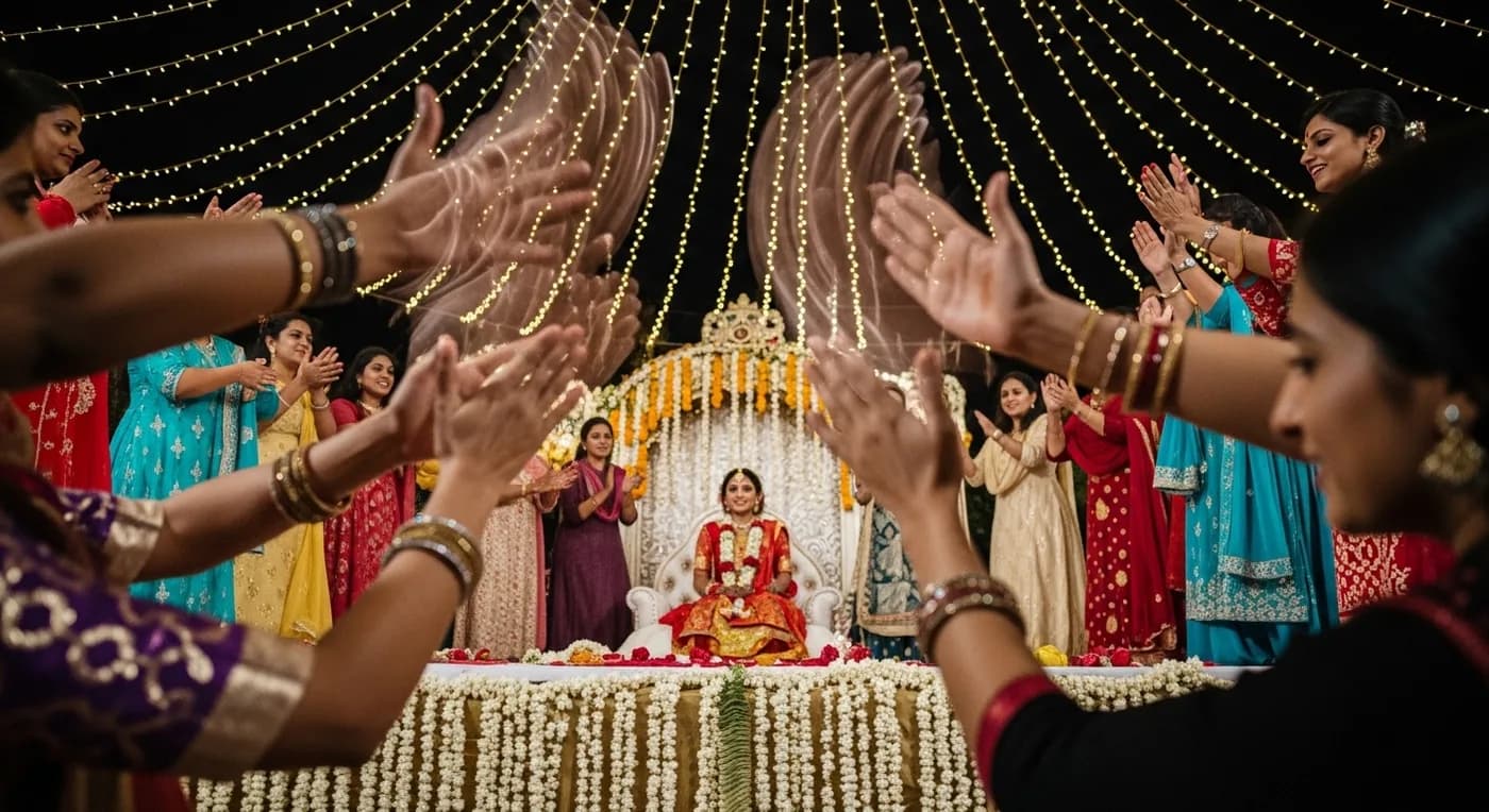 Oppana dance candid photography capturing the rhythmic clapping and energy at a Mailanchi night
