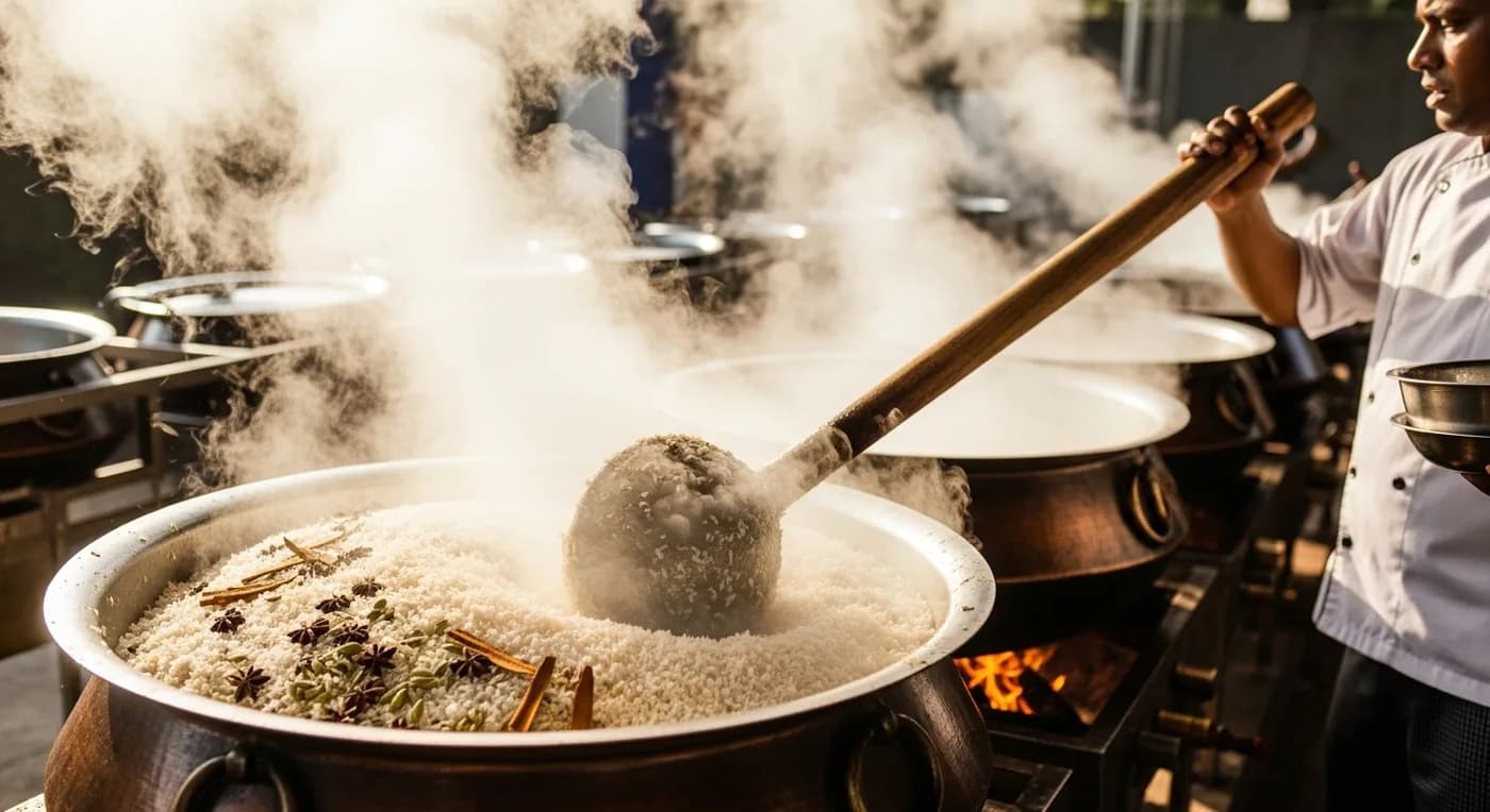 Thalassery biryani being prepared in large copper vessels for a Malabar wedding feast