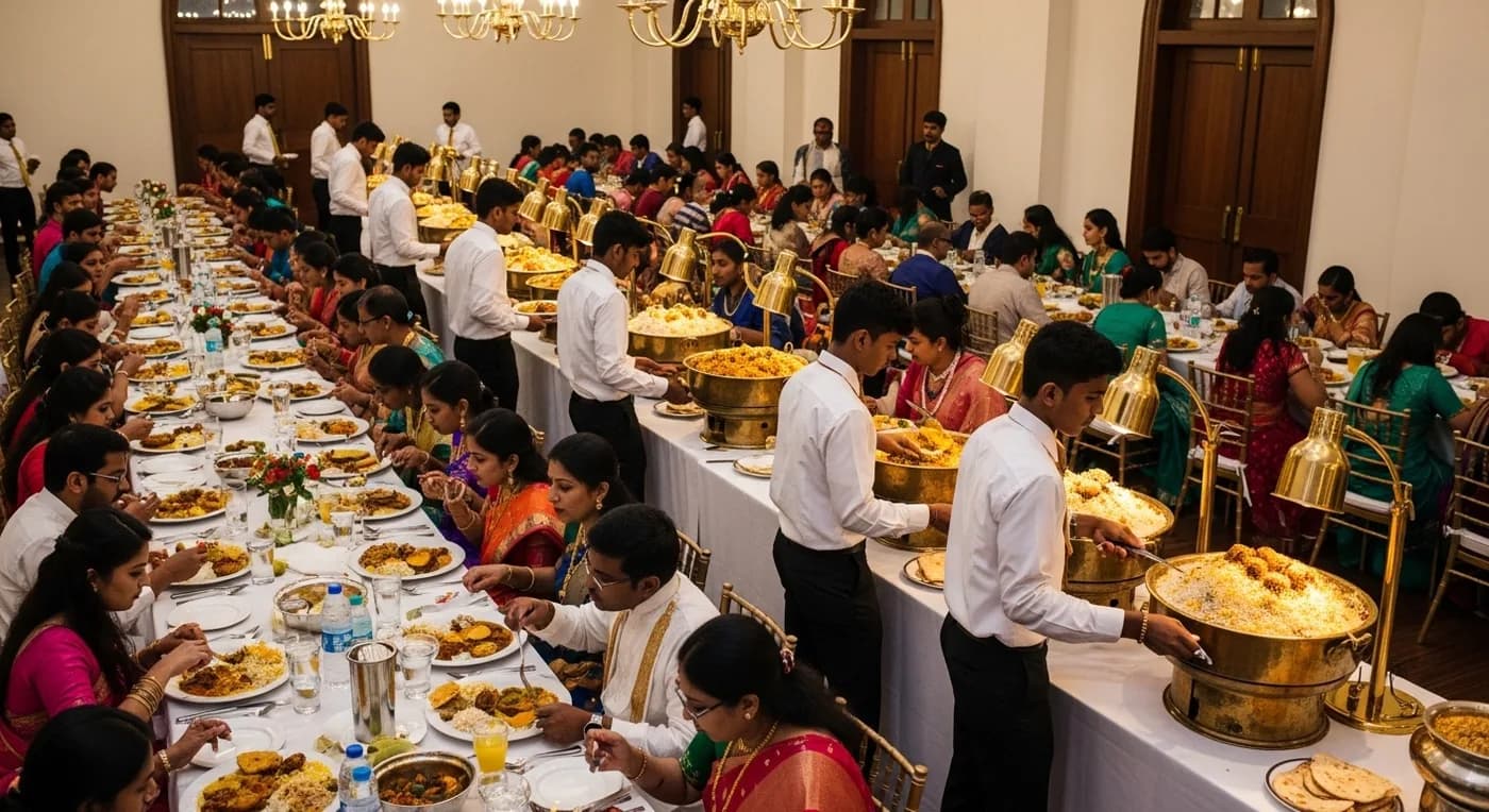 Walima feast photography capturing the elaborate Malabar cuisine spread and dining atmosphere