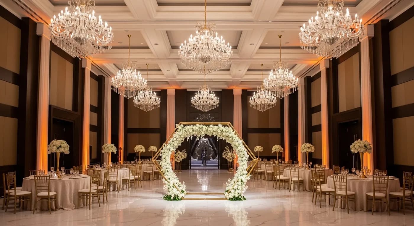 Walima hall with chandelier lighting, geometric entrance arch, and coordinated table decor