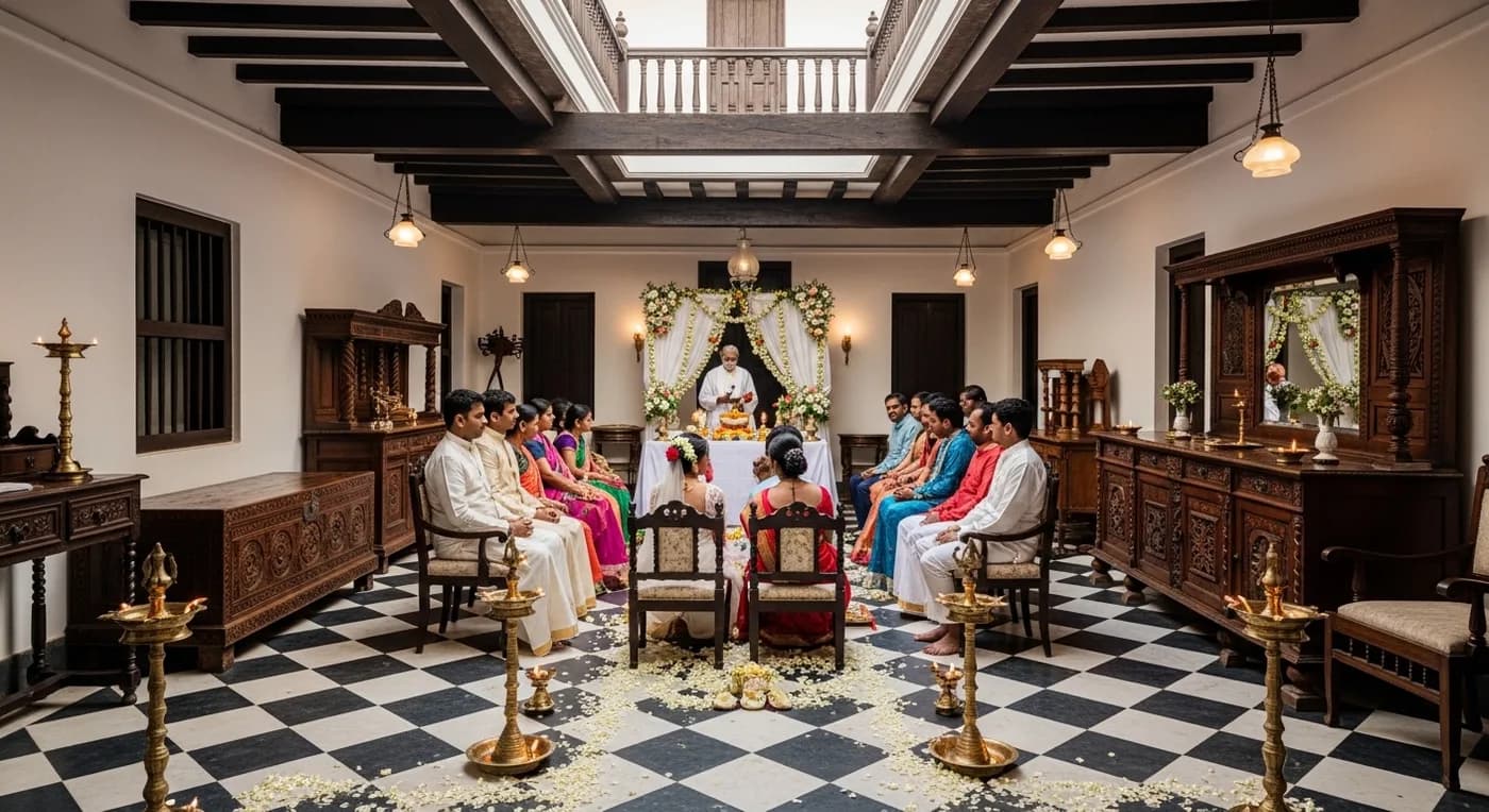 Intimate wedding ceremony setup in a Pondicherry heritage courtyard